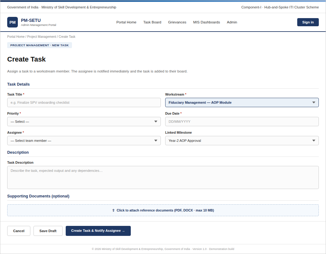 Figure 18 — Mockup: Task creation form with workstream, priority, and assignee capture.