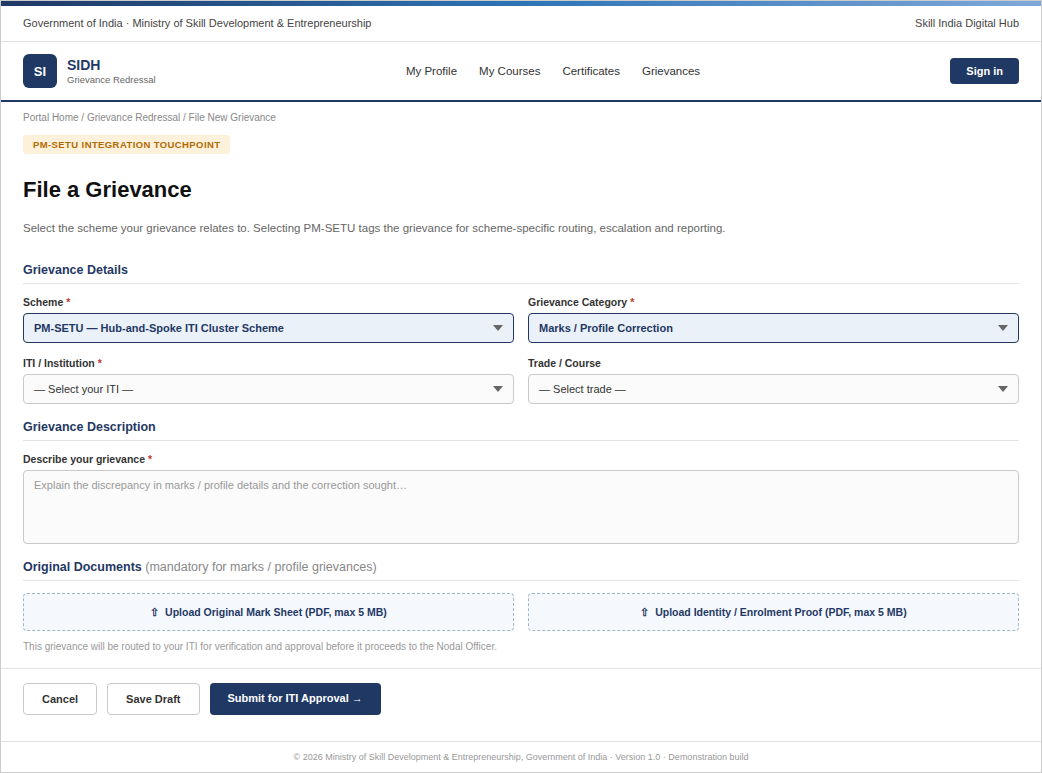 Figure 19 — Mockup: SIDH grievance filing screen showing the PM-SETU integration touchpoint (scheme dropdown).