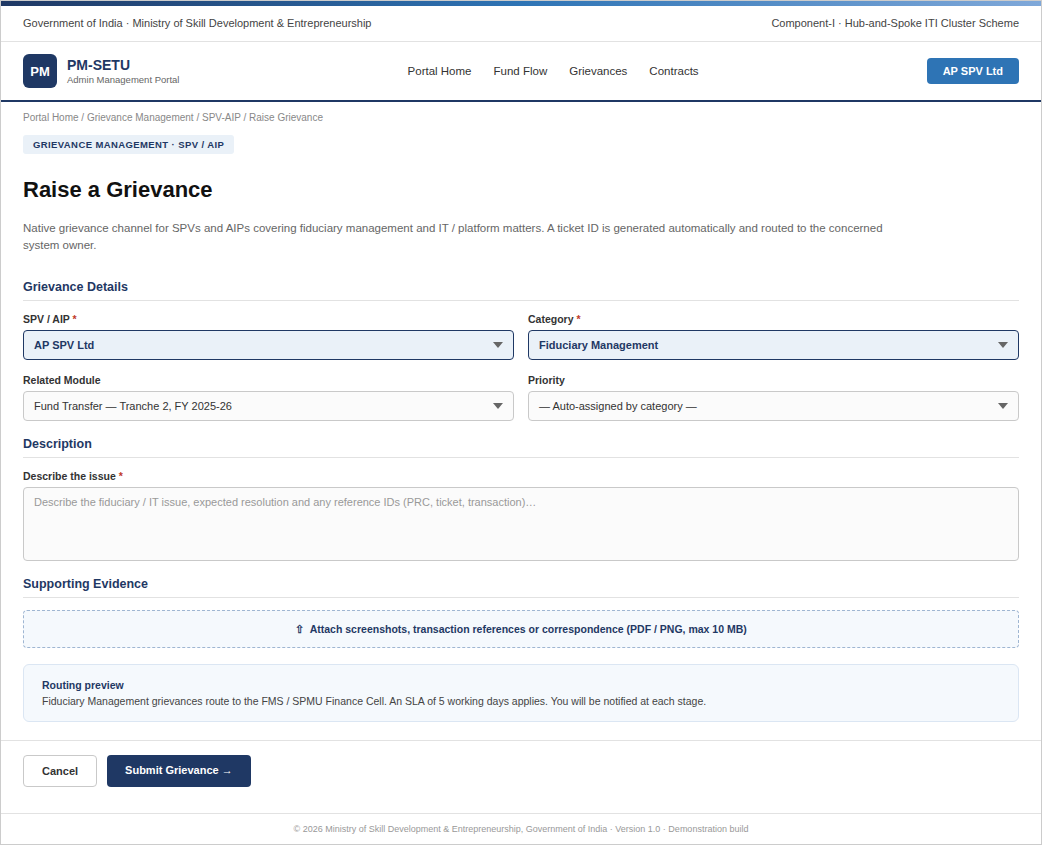 Figure 20 — Mockup: Native SPV/AIP grievance filing screen on the PM-SETU portal.