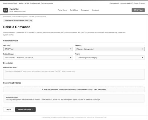 Figure 20 — Mockup: Native SPV/AIP grievance filing screen on the PM-SETU portal.